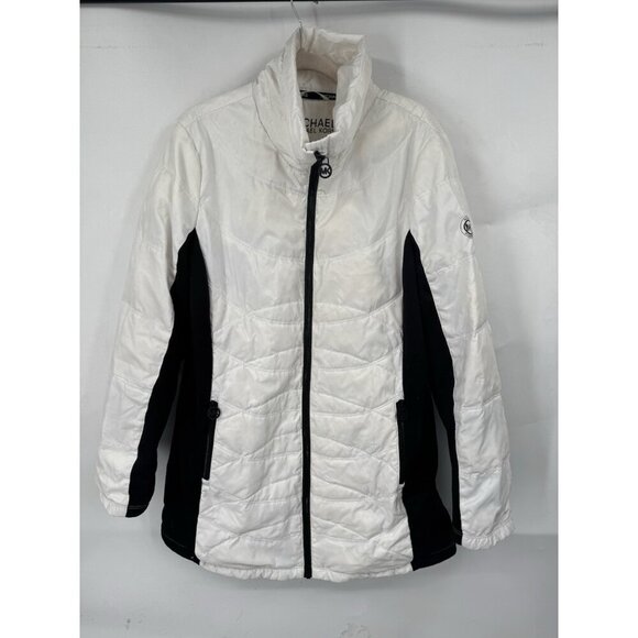 Michael Kors Down Feather Puffer Jacket Women Large White Black Outdoor Gorpcore - Picture 1 of 8